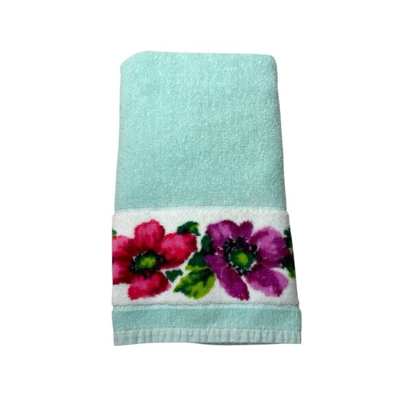 Vintage Teal Floral Hand Towel Indanthren Spring Flowers 18”x35” - Picture 1 of 7